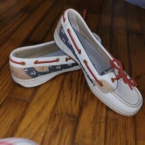 Women Sperry Top Slider Boat Shoes Nautical Anchor Red White Blue 7 M